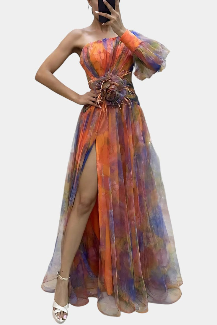 Isadora Blackwood | One-Shoulder Maxi Dress With Floral Appliqué