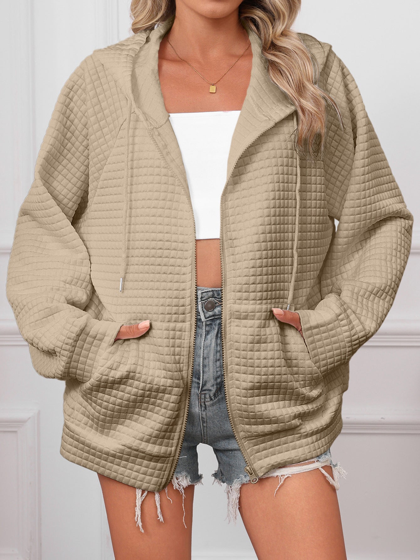 Lucy Barrington | White Textured Zip-Up Hooded Jacket