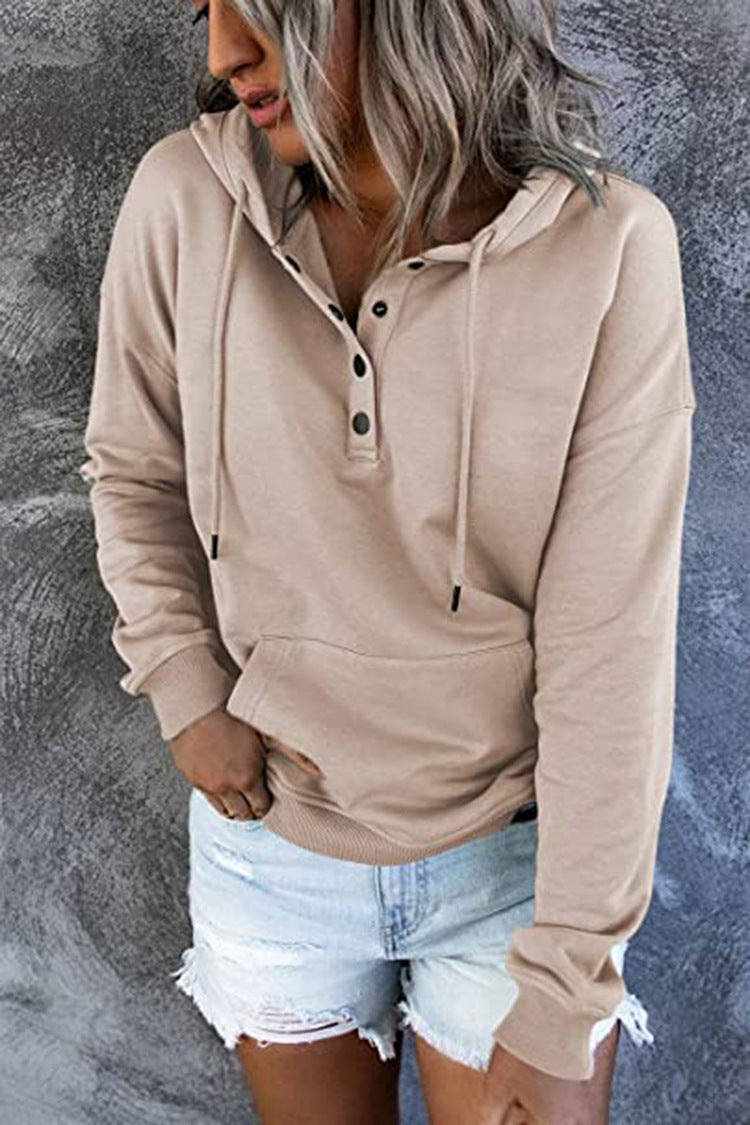 Hattie Marsh | Blue Hooded Button Drawstring Sweatshirt For Women