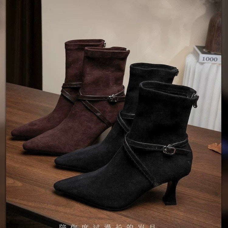 Eleanor Pargeter | Suede Stiletto Ankle Boots With Buckle Strap