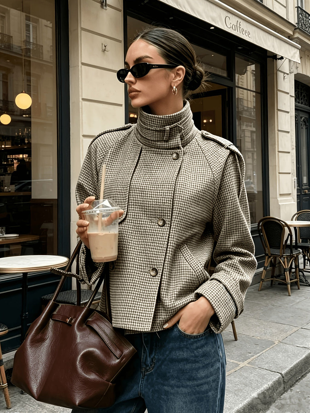 Prudence Sharland | Stand-Collar Houndstooth Cropped Jacket