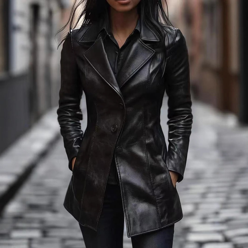 Eliza Pemberton | Faux Leather Mid-Length Tailored Coat