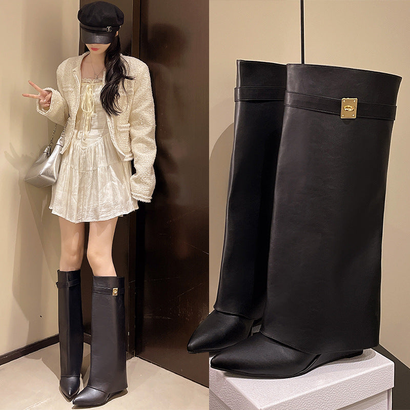 Cordelia Fairweather | Pointed Toe Fold-Over Boots with Gold Buckle