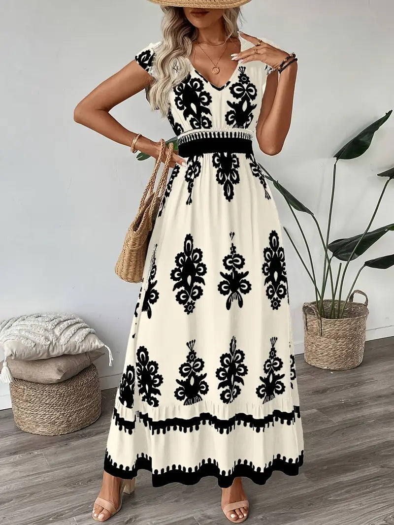 Amelia Winstone | Printed V-Neck Maxi Dress With Waist Tie