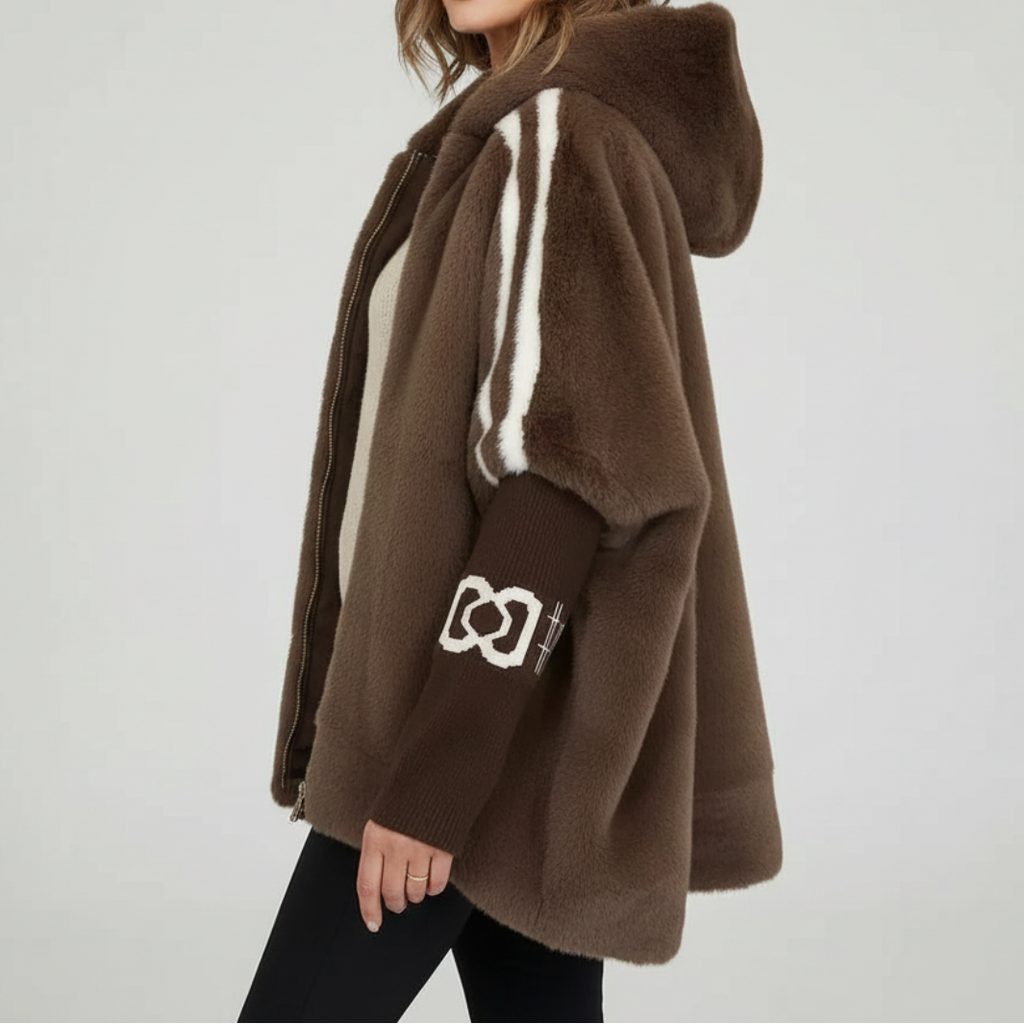 Women's Oversized Hooded Faux Fur Jacket with Ribbed Knit Sleeves