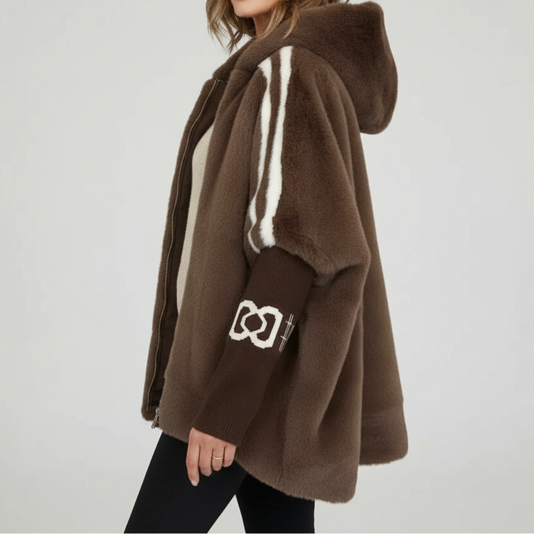 Women's Oversized Hooded Faux Fur Jacket with Ribbed Knit Sleeves