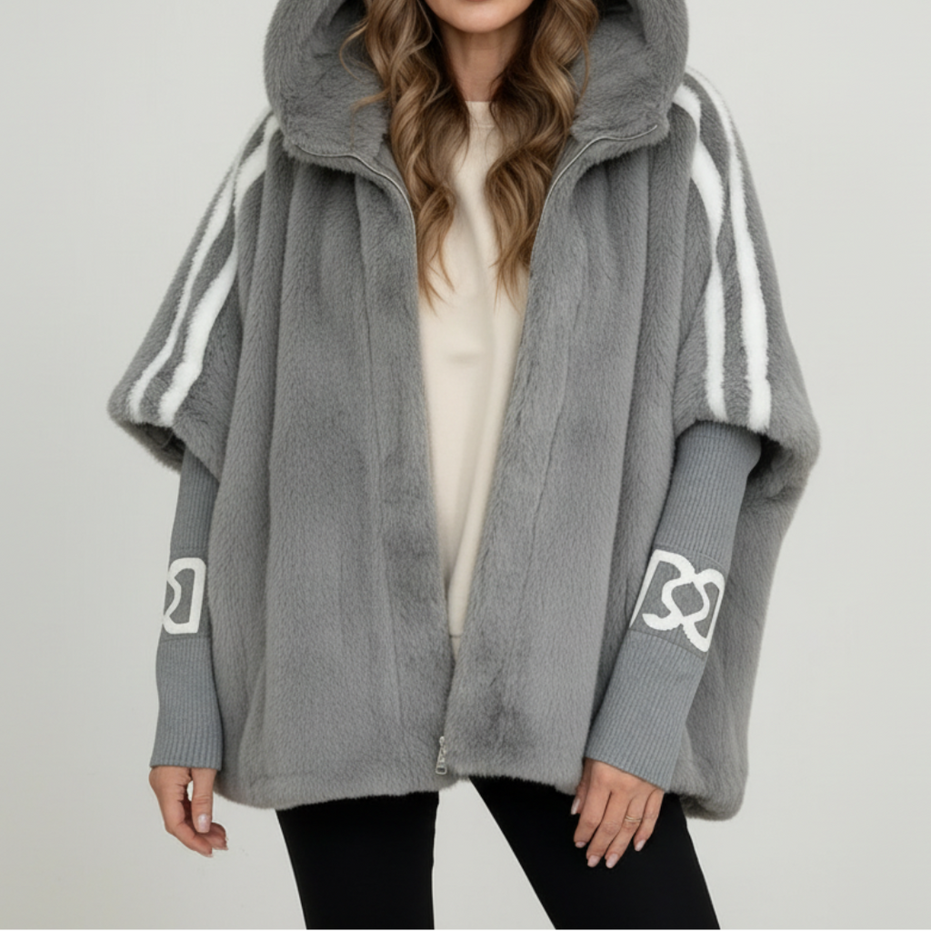 Women's Oversized Hooded Faux Fur Jacket with Ribbed Knit Sleeves