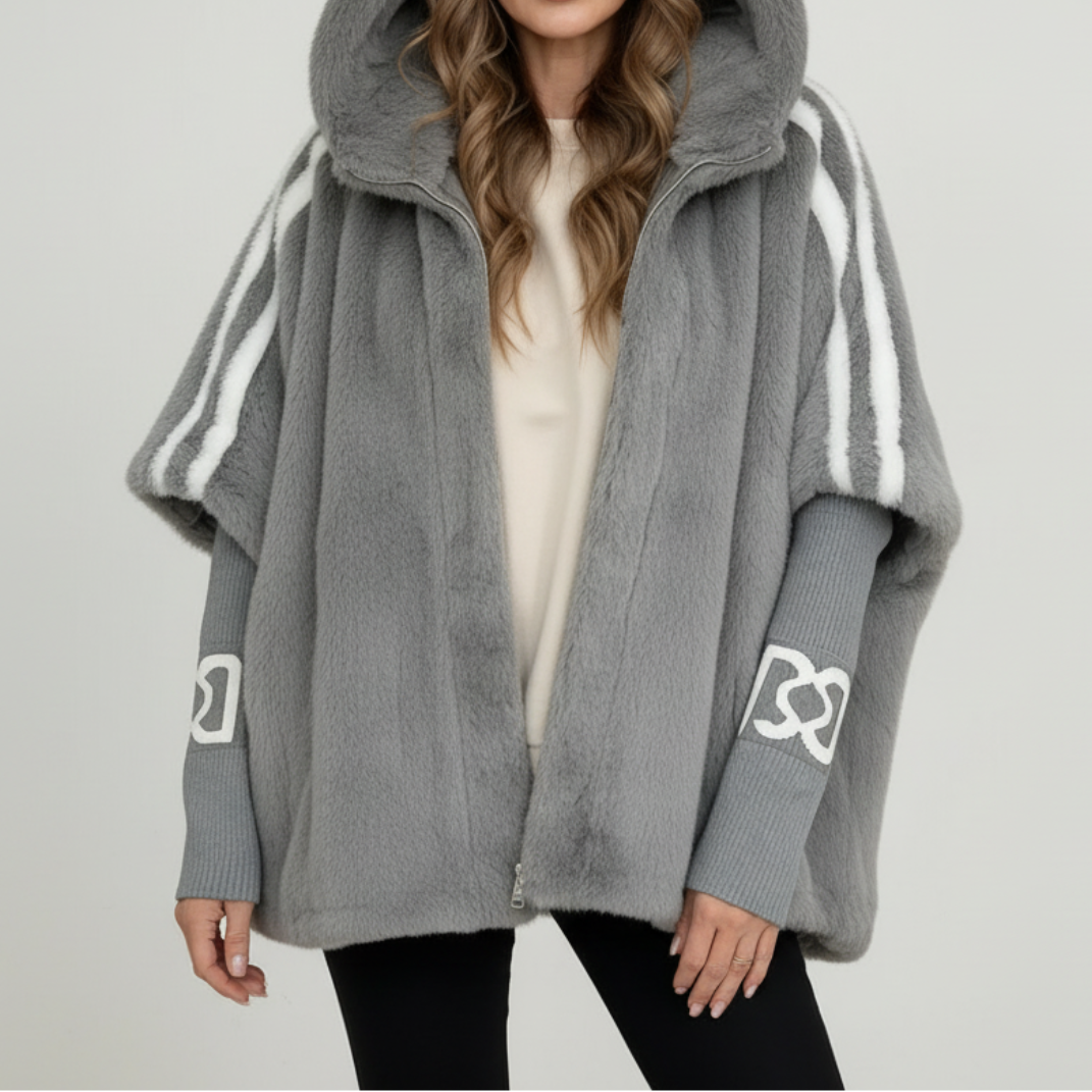 Women's Oversized Hooded Faux Fur Jacket with Ribbed Knit Sleeves