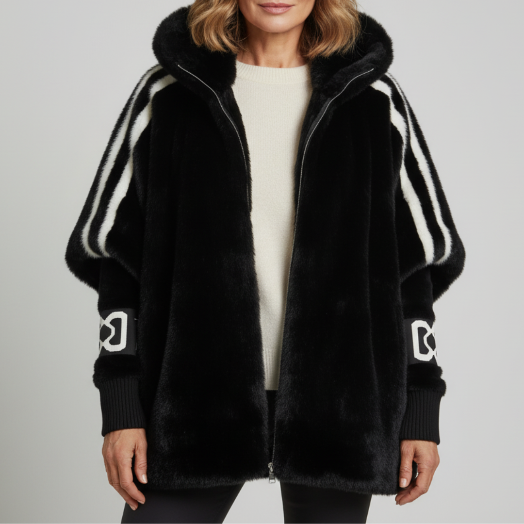 Women's Oversized Hooded Faux Fur Jacket with Ribbed Knit Sleeves