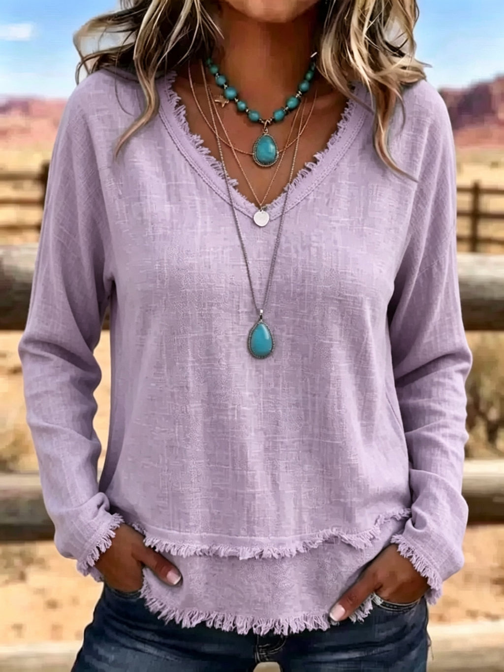 Margot Ainsley | Frayed V-Neck Long Sleeve Top