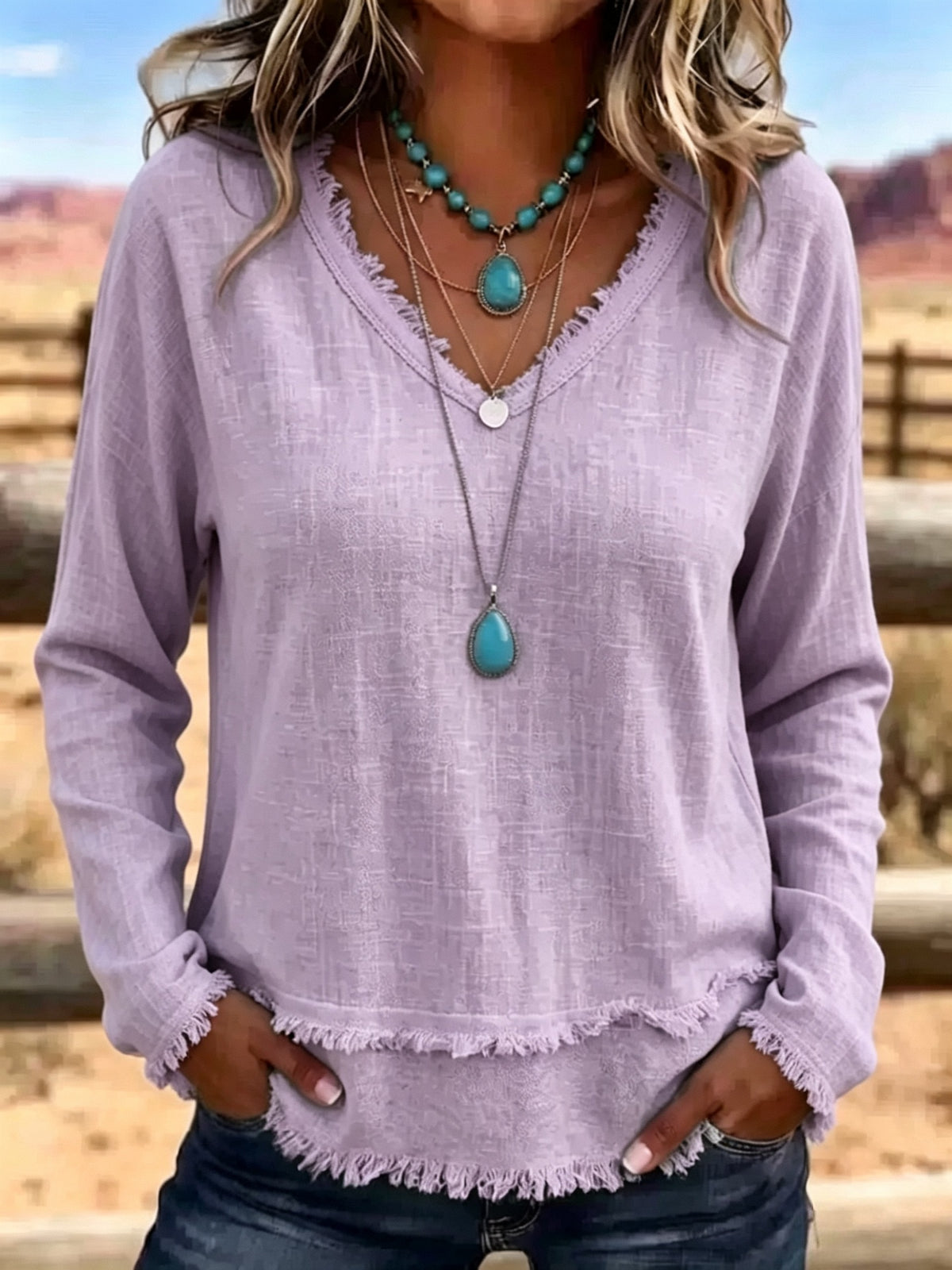 Margot Ainsley | Frayed V-Neck Long Sleeve Top