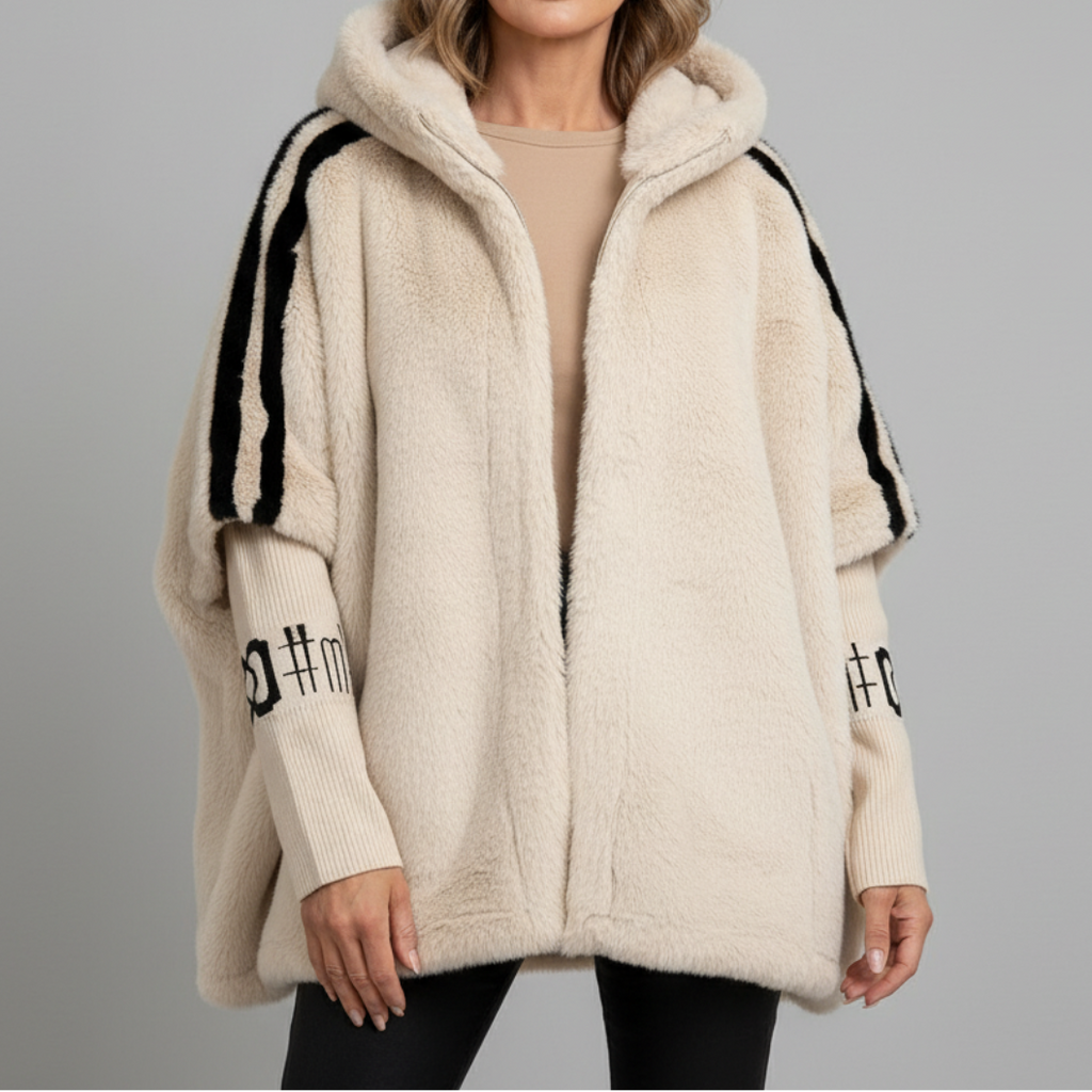 Women's Oversized Hooded Faux Fur Jacket with Ribbed Knit Sleeves