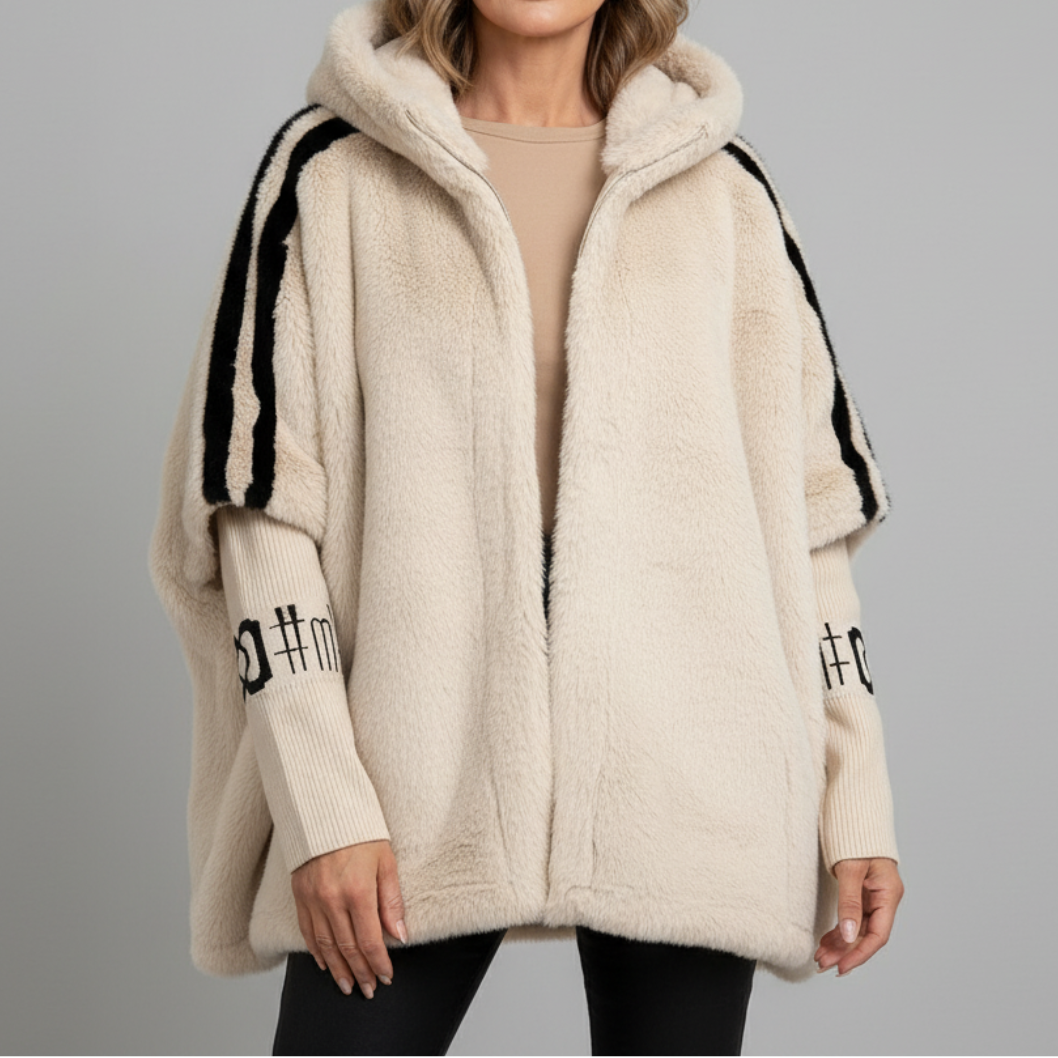 Women's Oversized Hooded Faux Fur Jacket with Ribbed Knit Sleeves