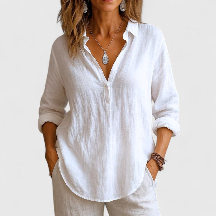 Ophelia Grantham | Pink Linen Blouse With Collared V-Neck