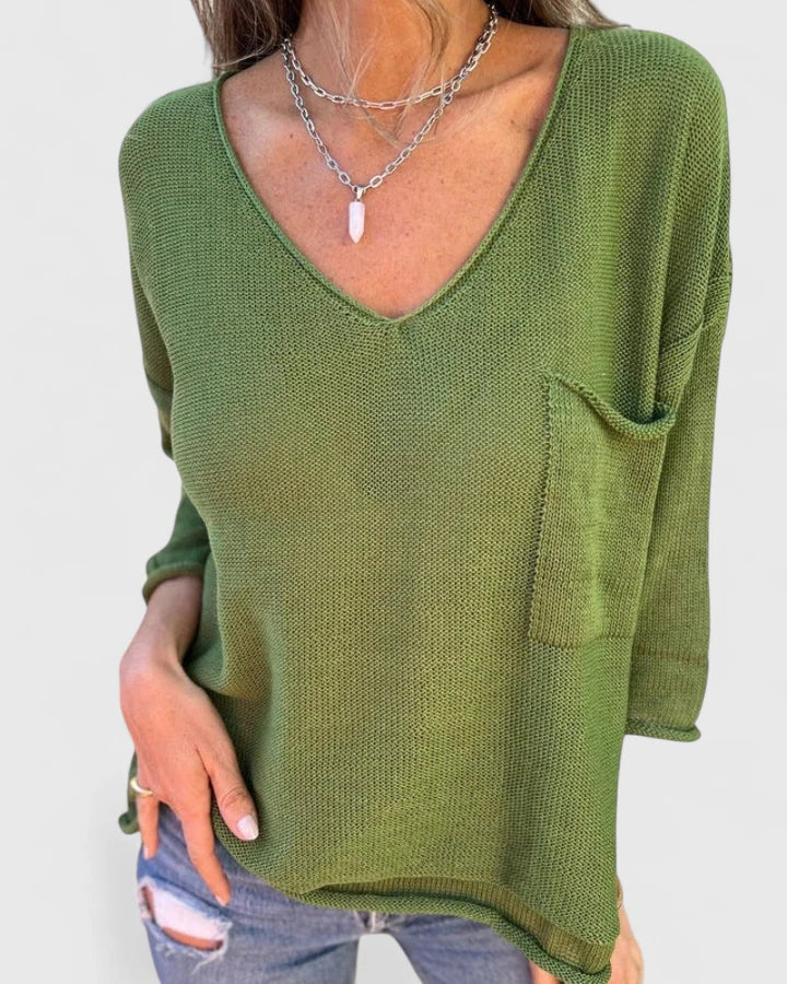 Bridget Fairfax | Green Knit V-Neck Sweater With Pocket