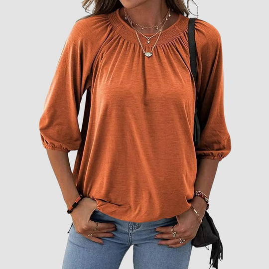 Marianne Osborne | Smocked Round Neck Blouse With Balloon Sleeves