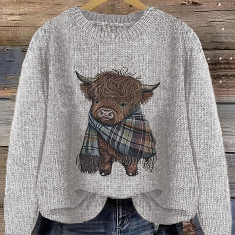 Phoebe Sinclair | Highland Cow Print Chunky Knit Sweater