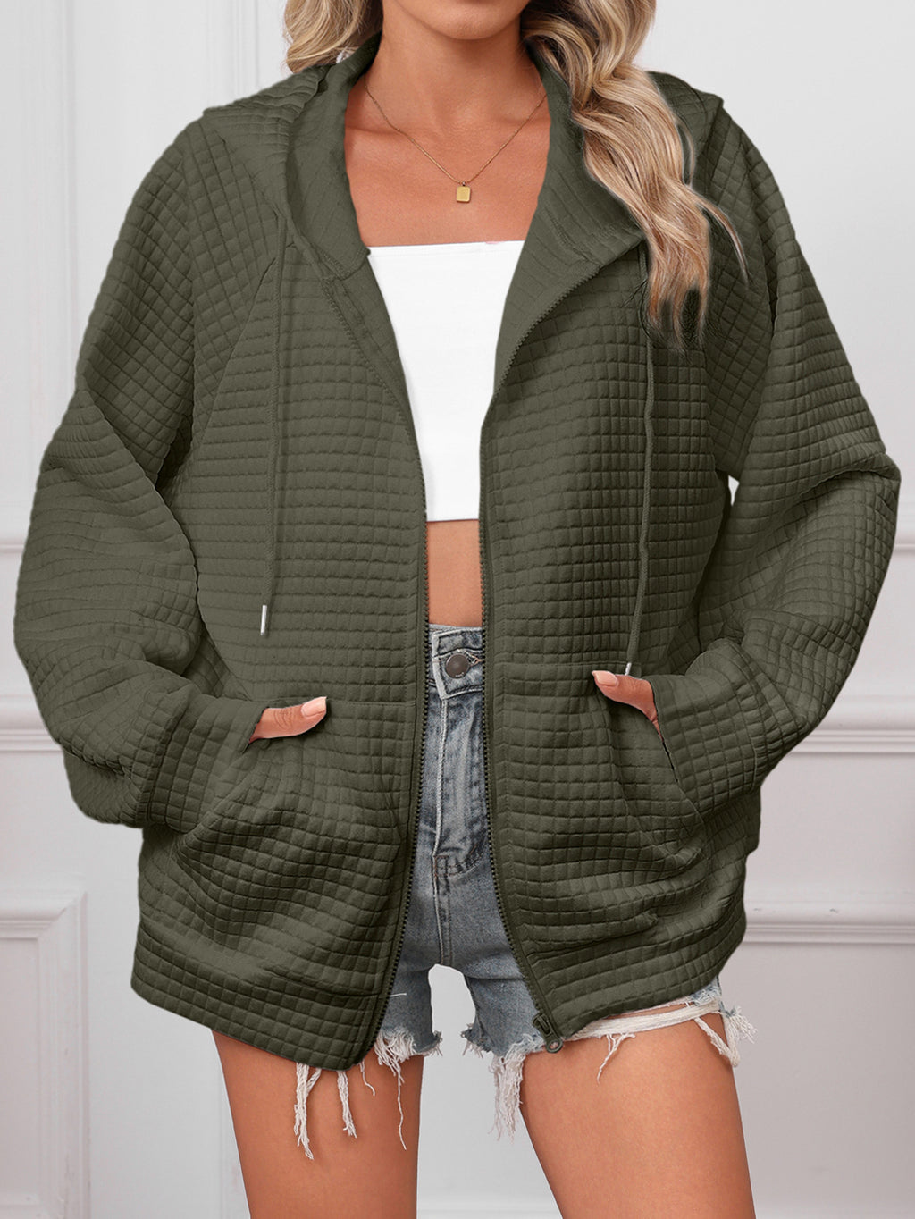 Lucy Barrington | White Textured Zip-Up Hooded Jacket