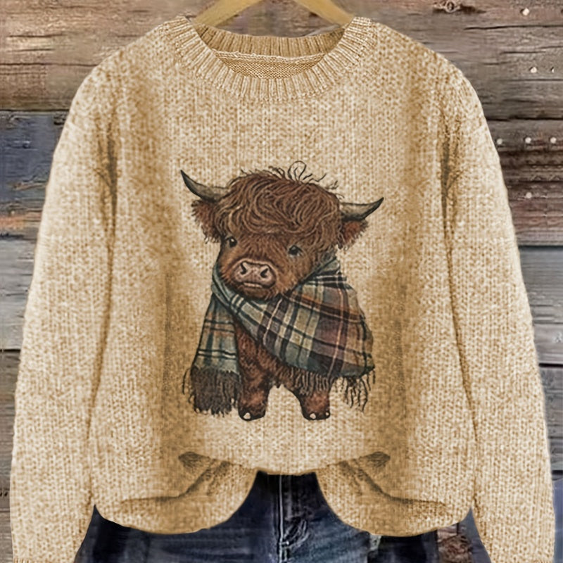 Phoebe Sinclair | Highland Cow Print Chunky Knit Sweater