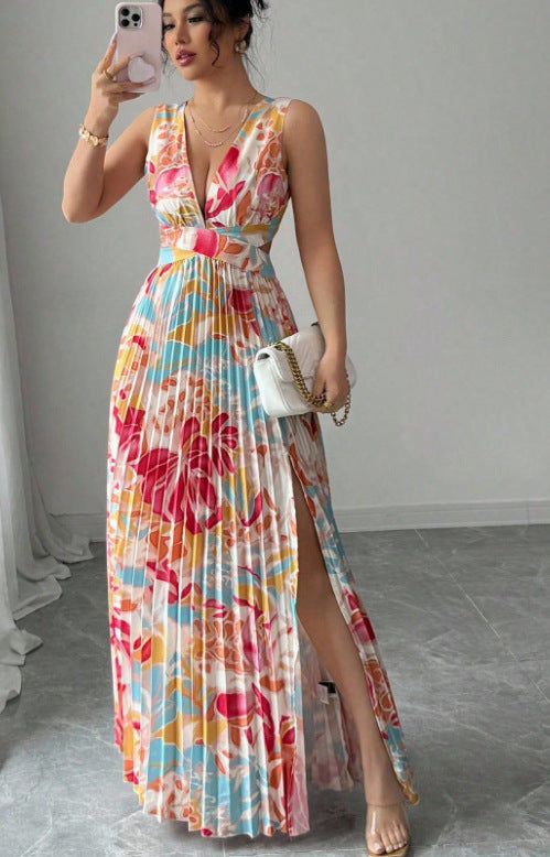Daisy Trevelyan | Pleated Floral Maxi Dress with Cutout Waist