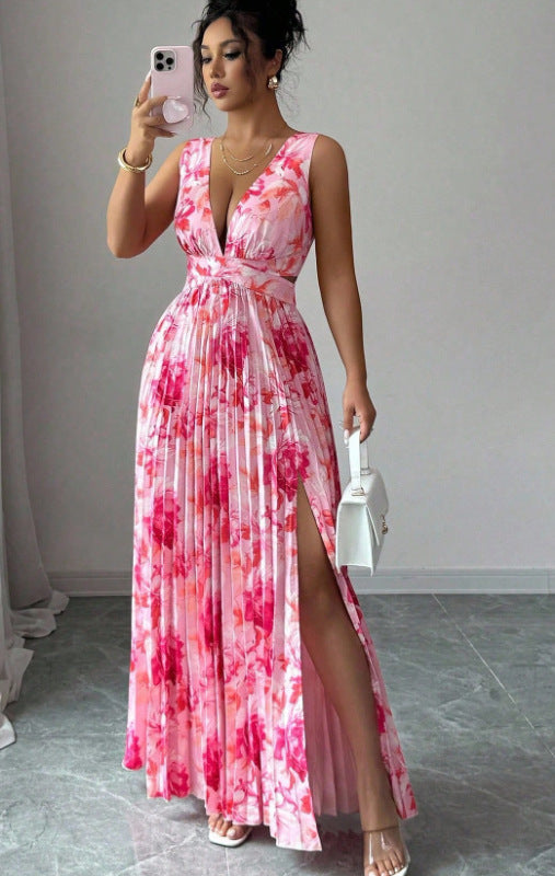 Daisy Trevelyan | Pleated Floral Maxi Dress with Cutout Waist