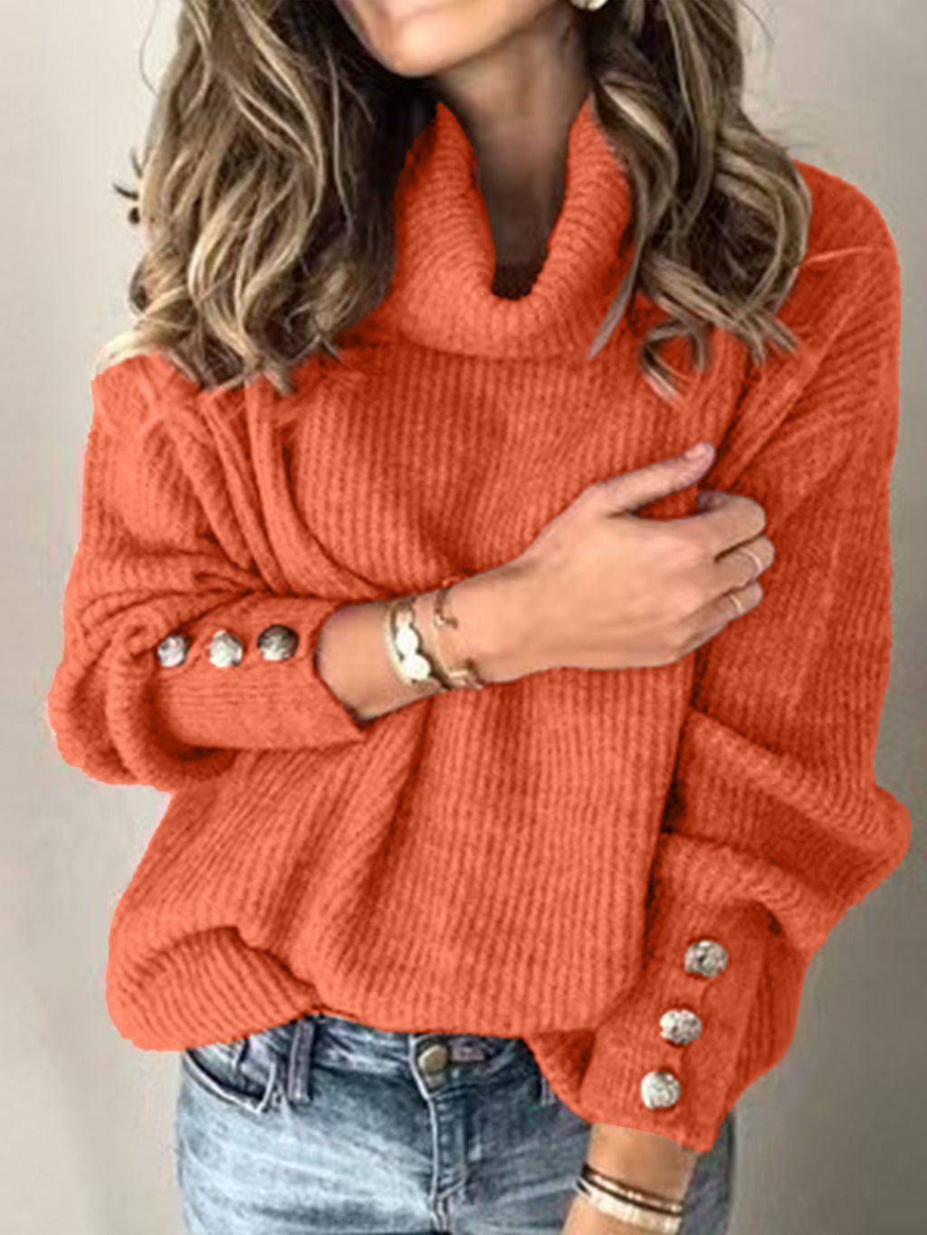 Daphne Sherwood | Turtleneck Button-Cuff Knit Sweater