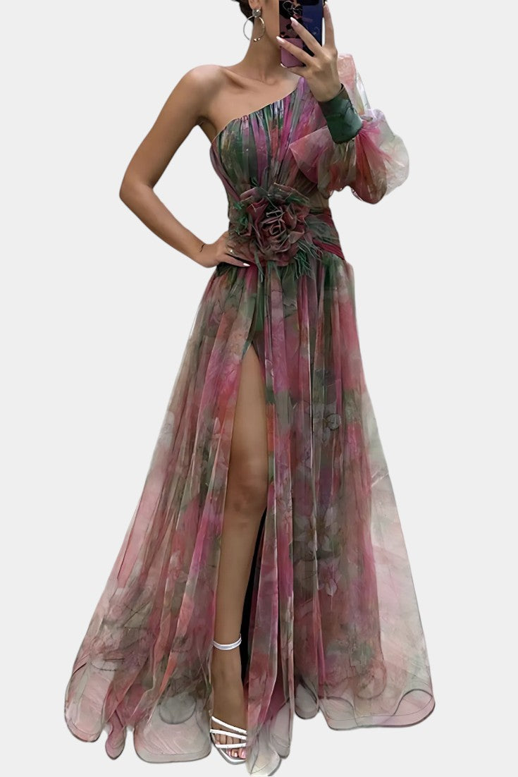 Isadora Blackwood | One-Shoulder Maxi Dress With Floral Appliqué