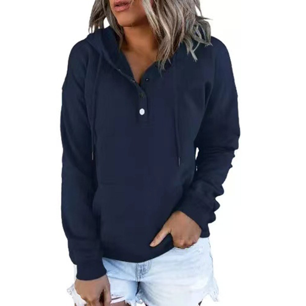 Hattie Marsh | Blue Hooded Button Drawstring Sweatshirt For Women