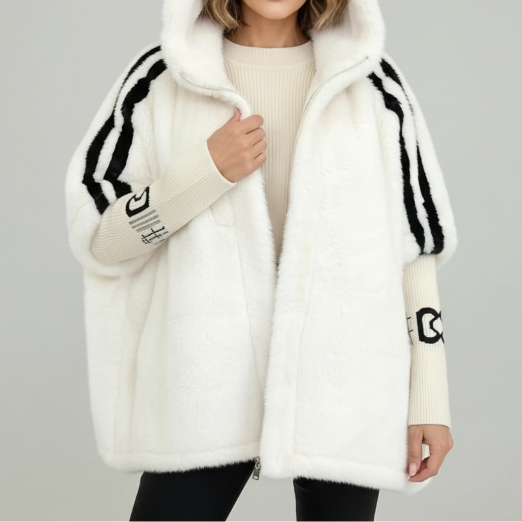 Women's Oversized Hooded Faux Fur Jacket with Ribbed Knit Sleeves