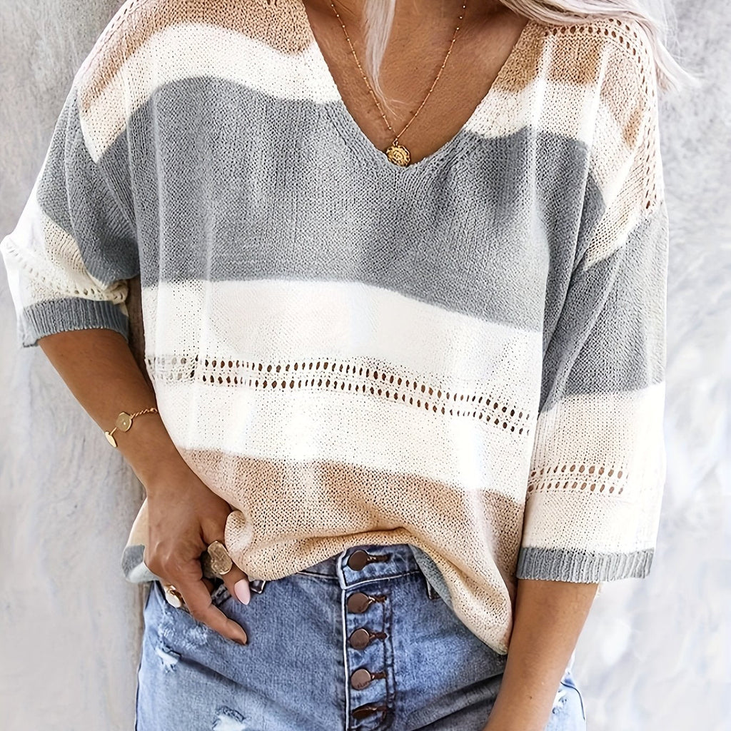 Eloise Redmayne | Relaxed V-Neck Colour-Block Knit Top