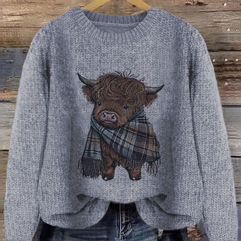 Phoebe Sinclair | Highland Cow Print Chunky Knit Sweater