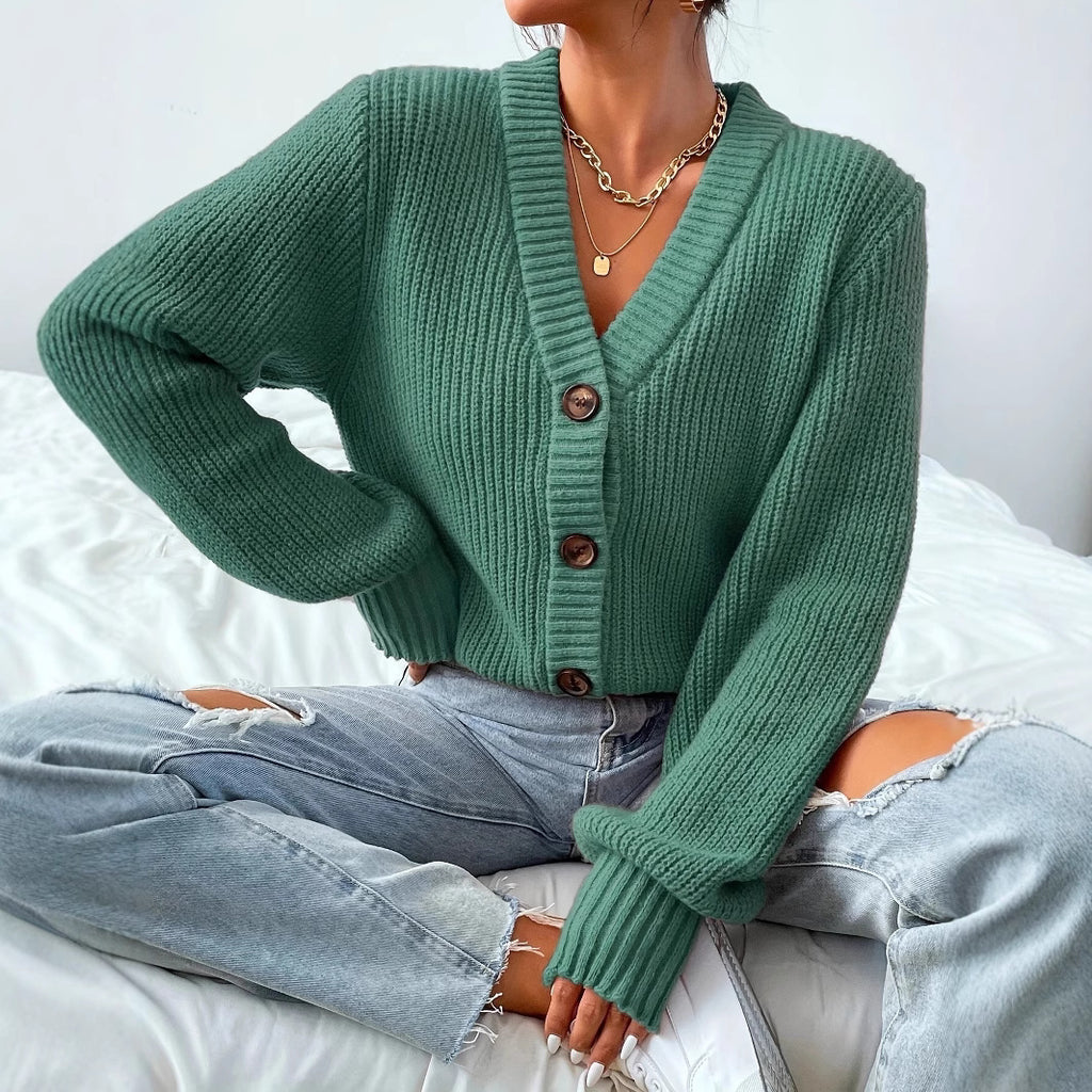 Edith Hargreaves | Green Ribbed Knit Button-Front Cardigan