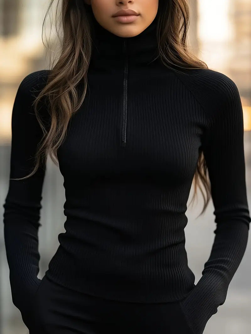 Prudence Kavanagh | Ribbed Zip-Neck Knit Top