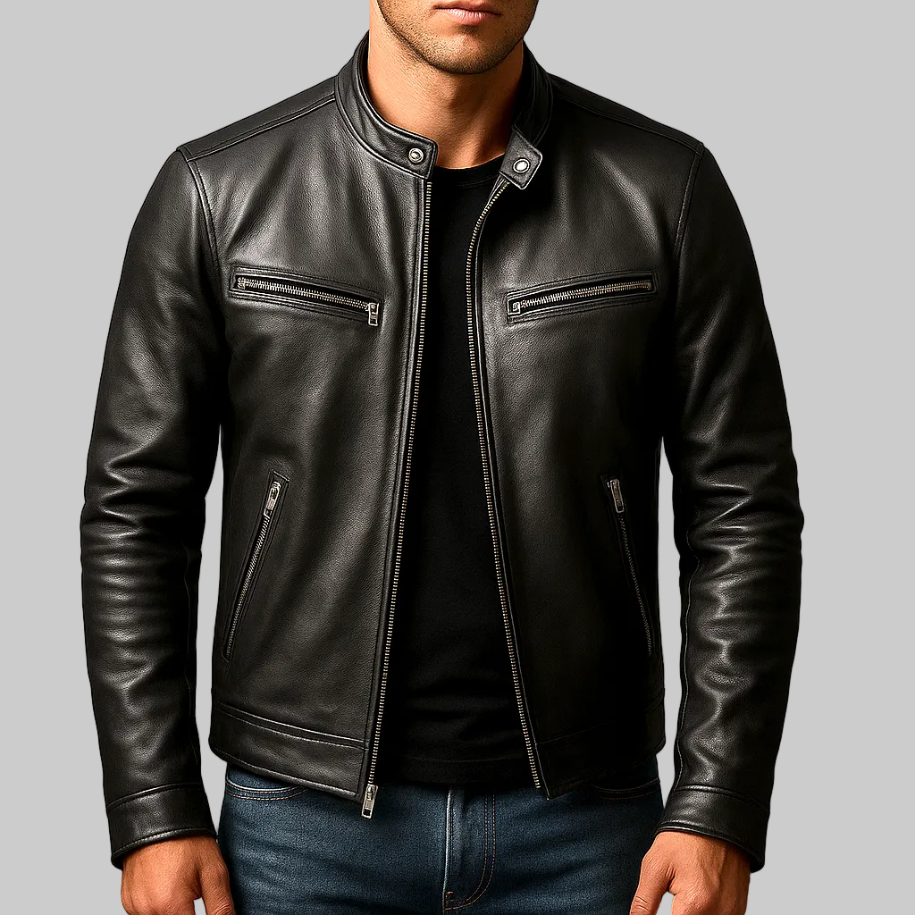 Vintage Faux Leather Biker Jacket with Stand Collar and Zip Pockets