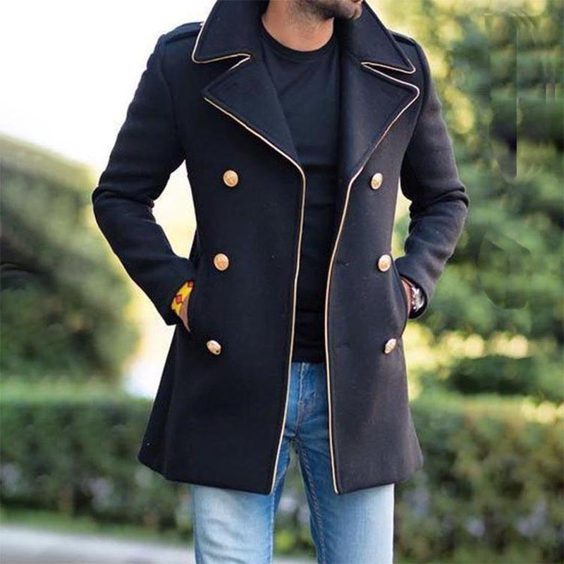 Leopold Marsden | Black Wool Pea Coat With Gold Button Detail