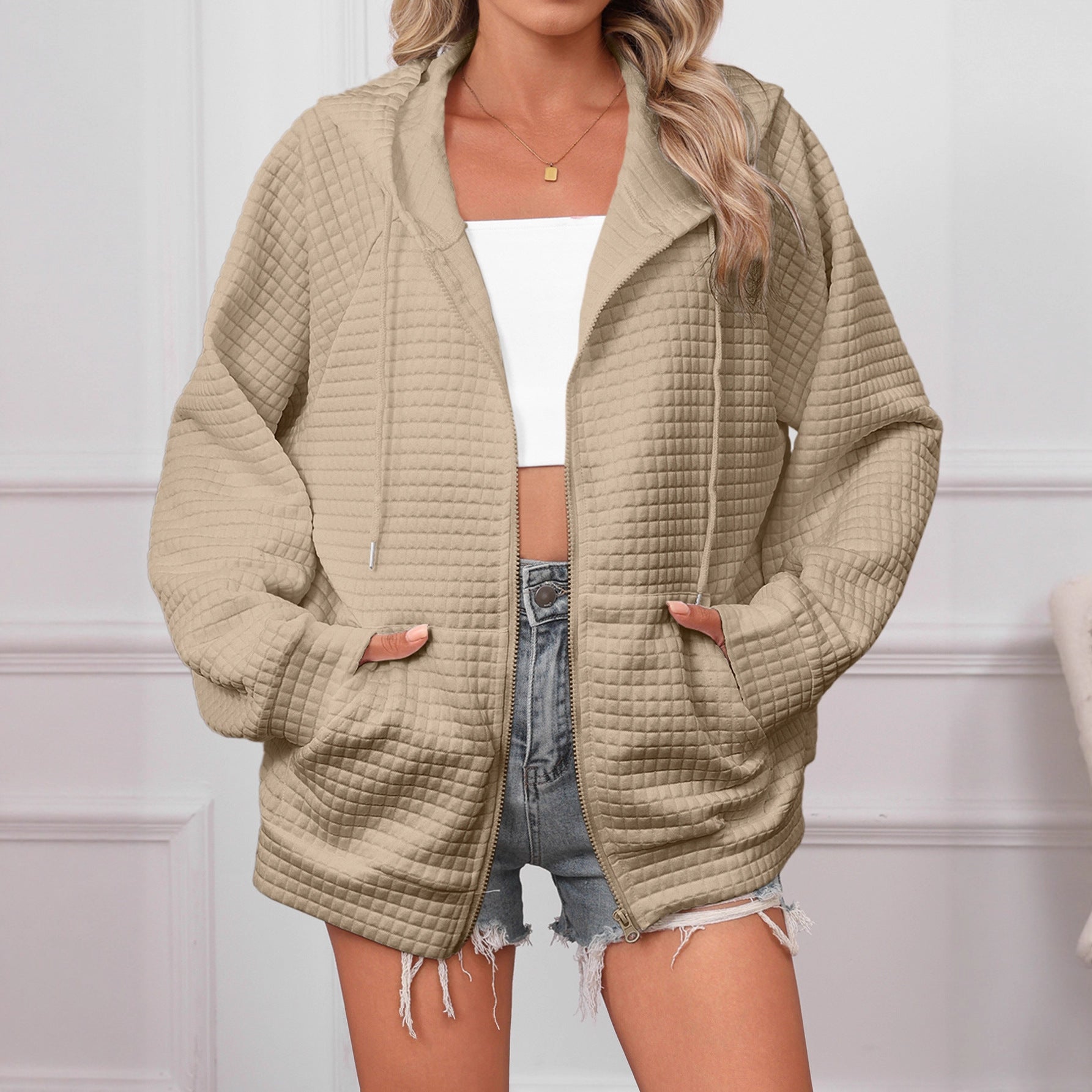 Lucy Barrington | White Textured Zip-Up Hooded Jacket