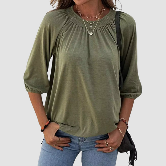 Marianne Osborne | Smocked Round Neck Blouse With Balloon Sleeves