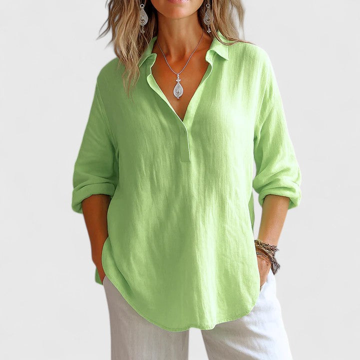 Ophelia Grantham | Pink Linen Blouse With Collared V-Neck