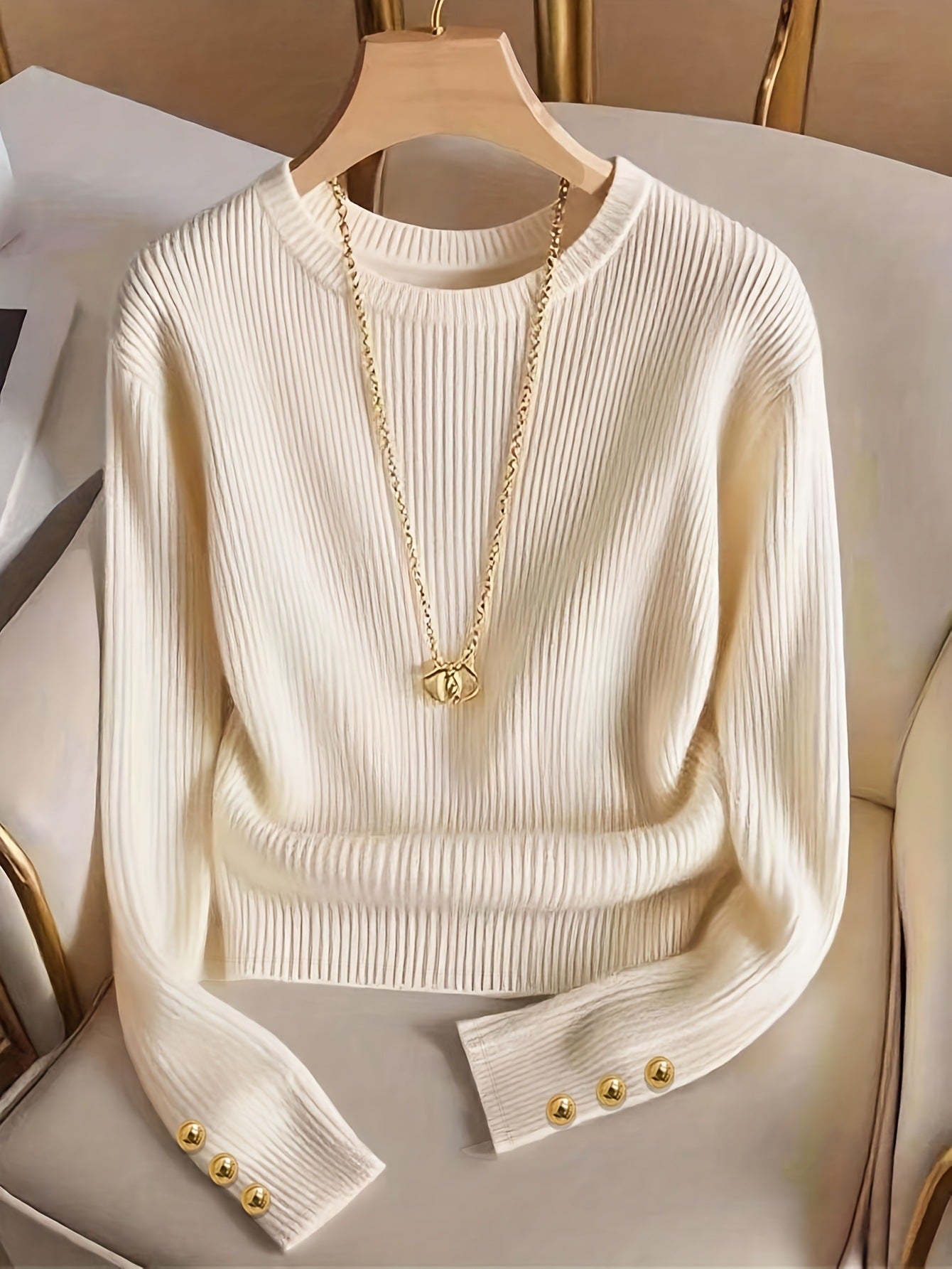 Rosamund Fairweather | Ribbed Knit Long-Sleeve Top with Gold Button Cuffs