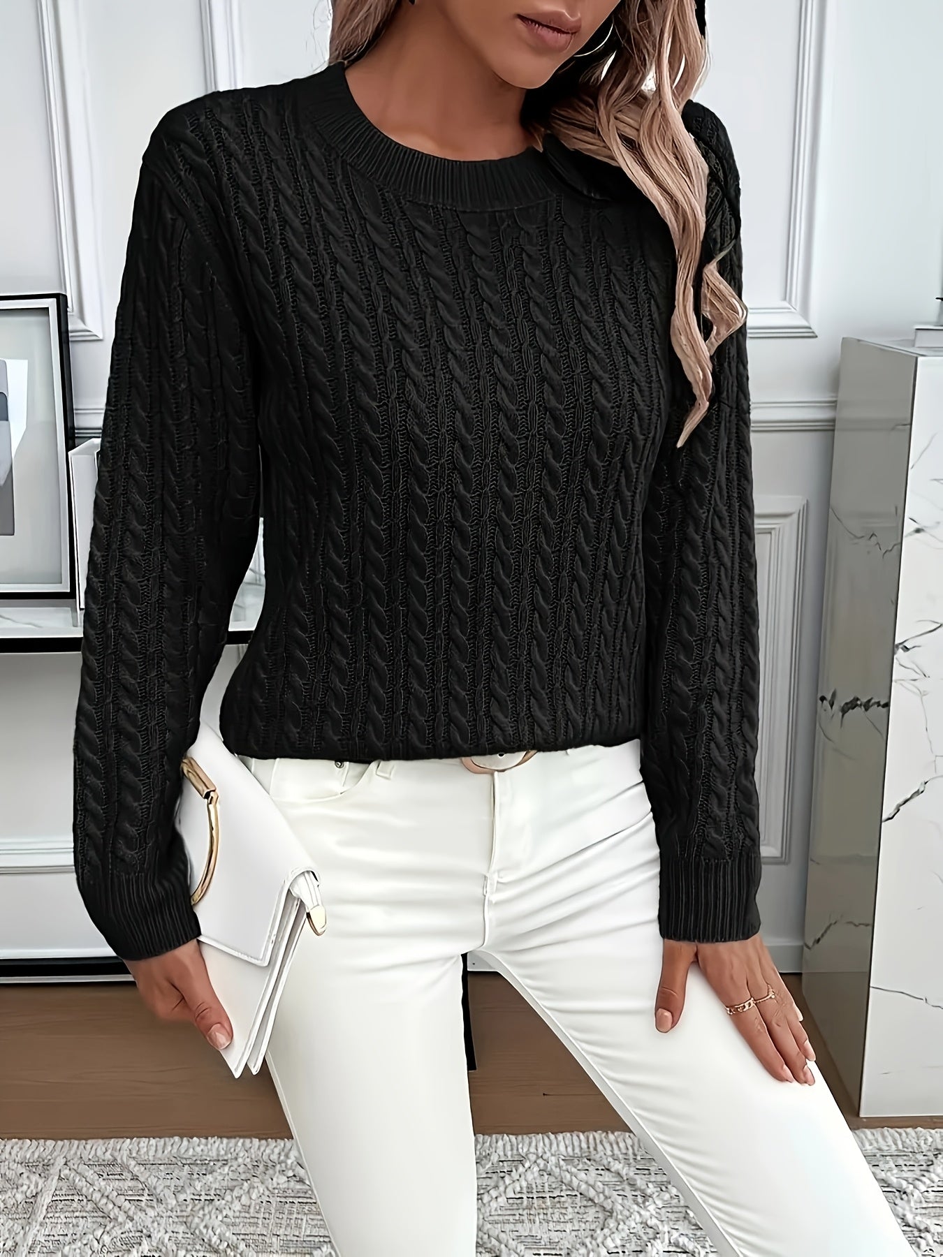 Millicent Hall | Cable-Knit Round Neck Sweater