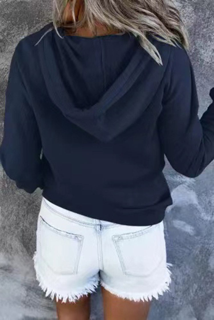 Hattie Marsh | Blue Hooded Button Drawstring Sweatshirt For Women