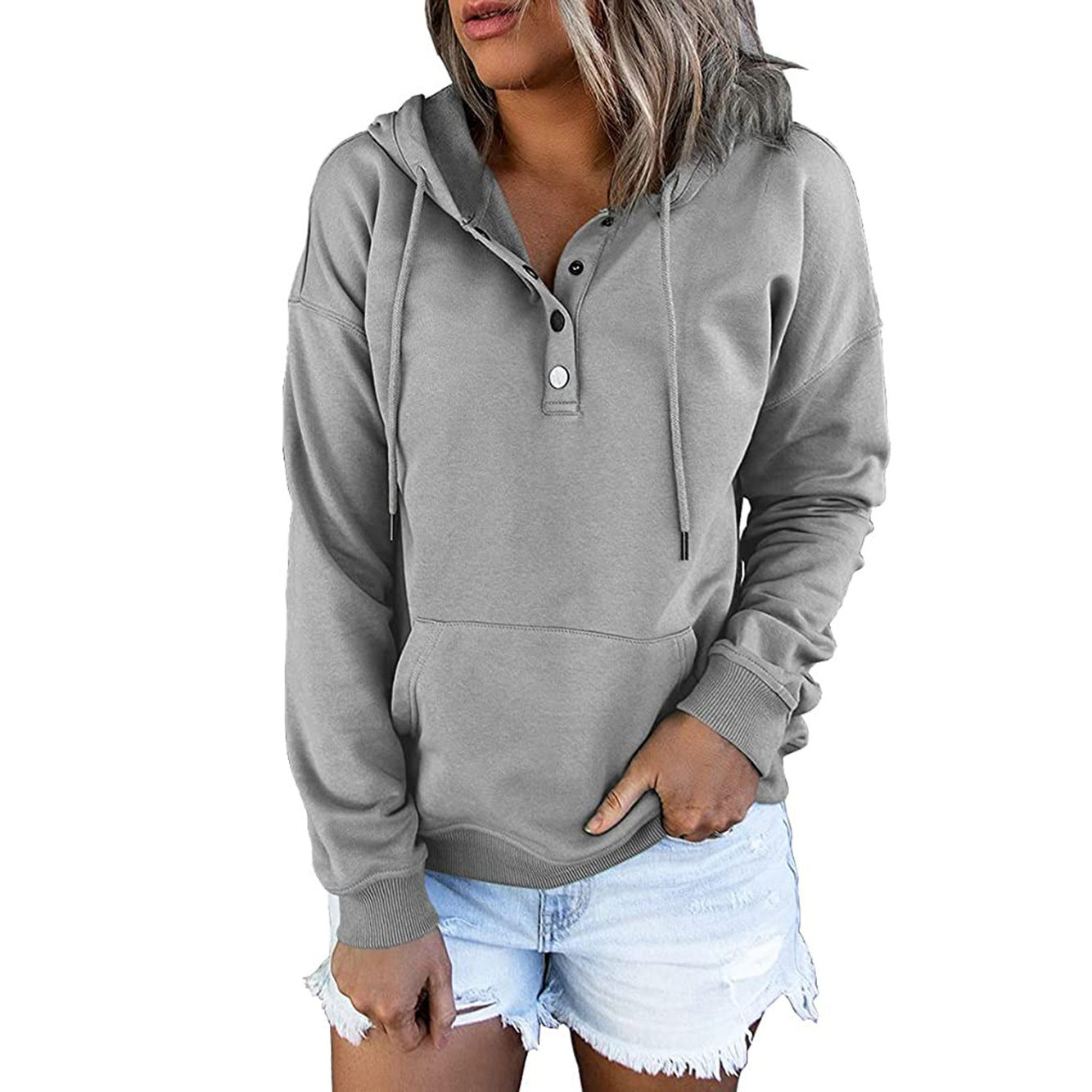 Hattie Marsh | Blue Hooded Button Drawstring Sweatshirt For Women