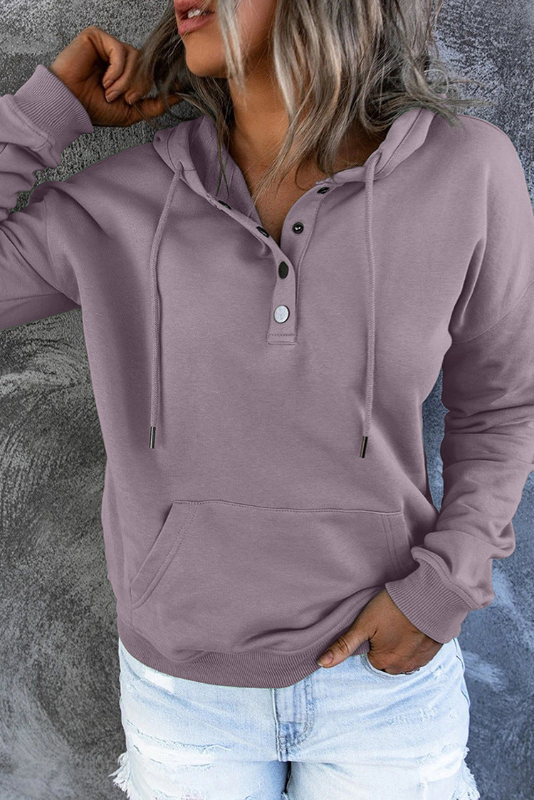 Hattie Marsh | Blue Hooded Button Drawstring Sweatshirt For Women