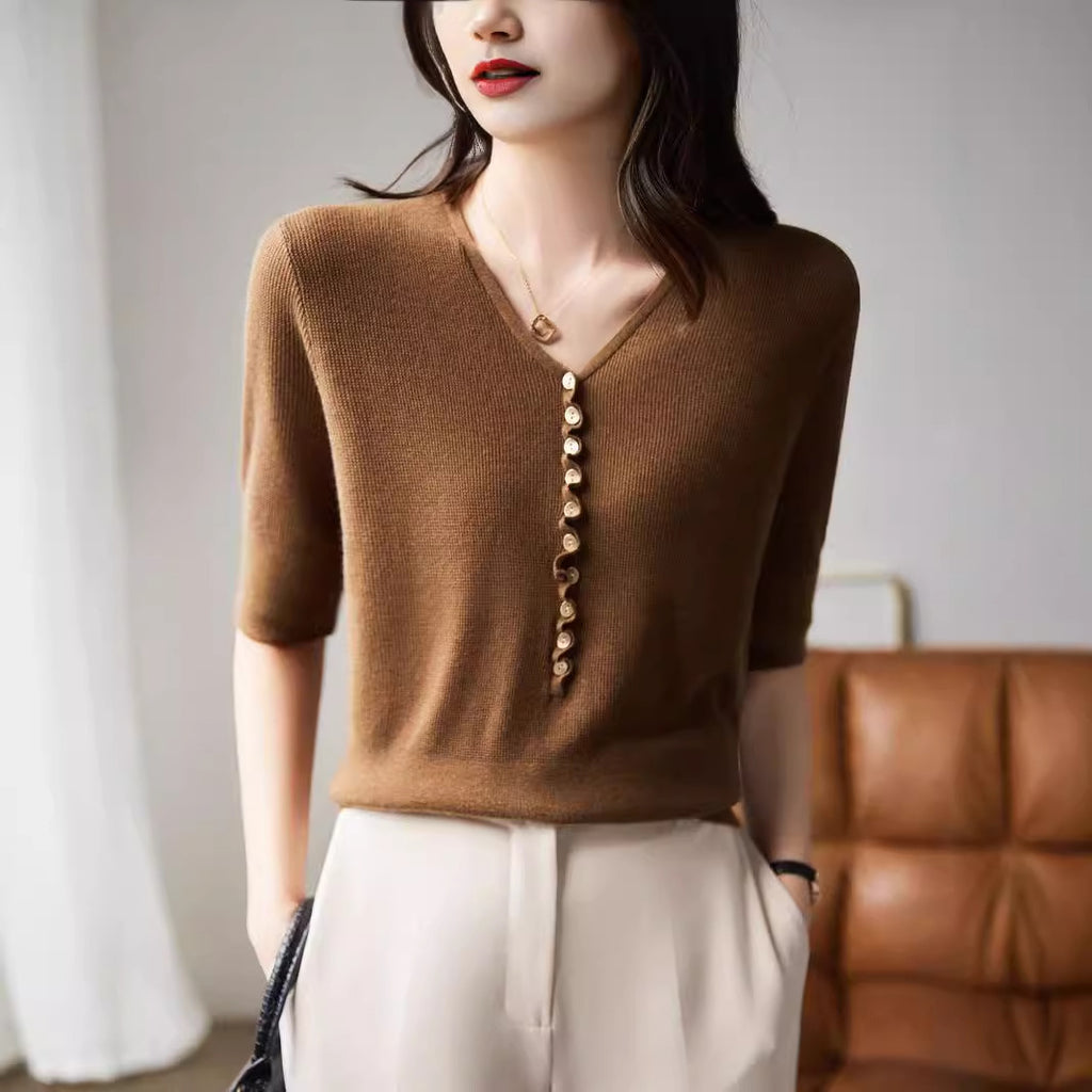 Alice Bennett | Green V-Neck Knit Top with Button Detail