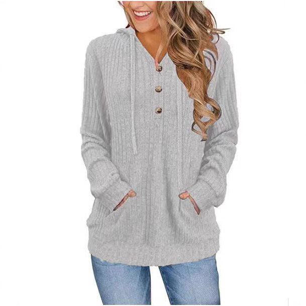 Priscilla Hawthorne | Ribbed Knit Button-Up Hoodie Sweater