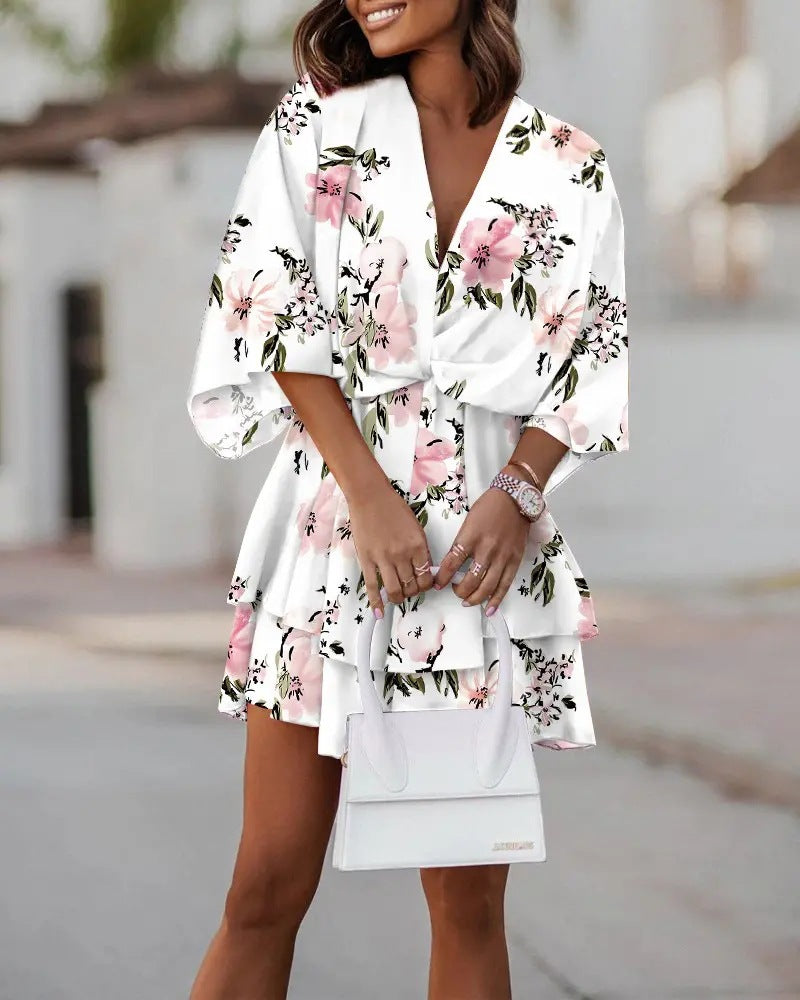 Marianne Oakley | Batwing Sleeve Printed Midi Dress With Twist Front