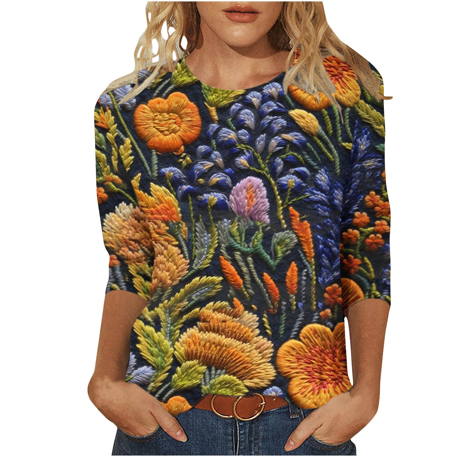 Marigold Sedgwick | Floral 3D Print Round Neck Top