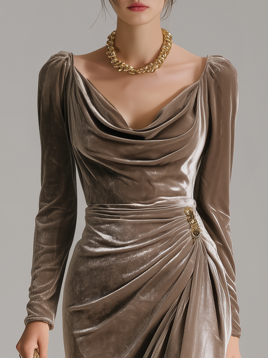 Bianca Moretti | Velvet Wrap Midi Dress With Cowl Neck