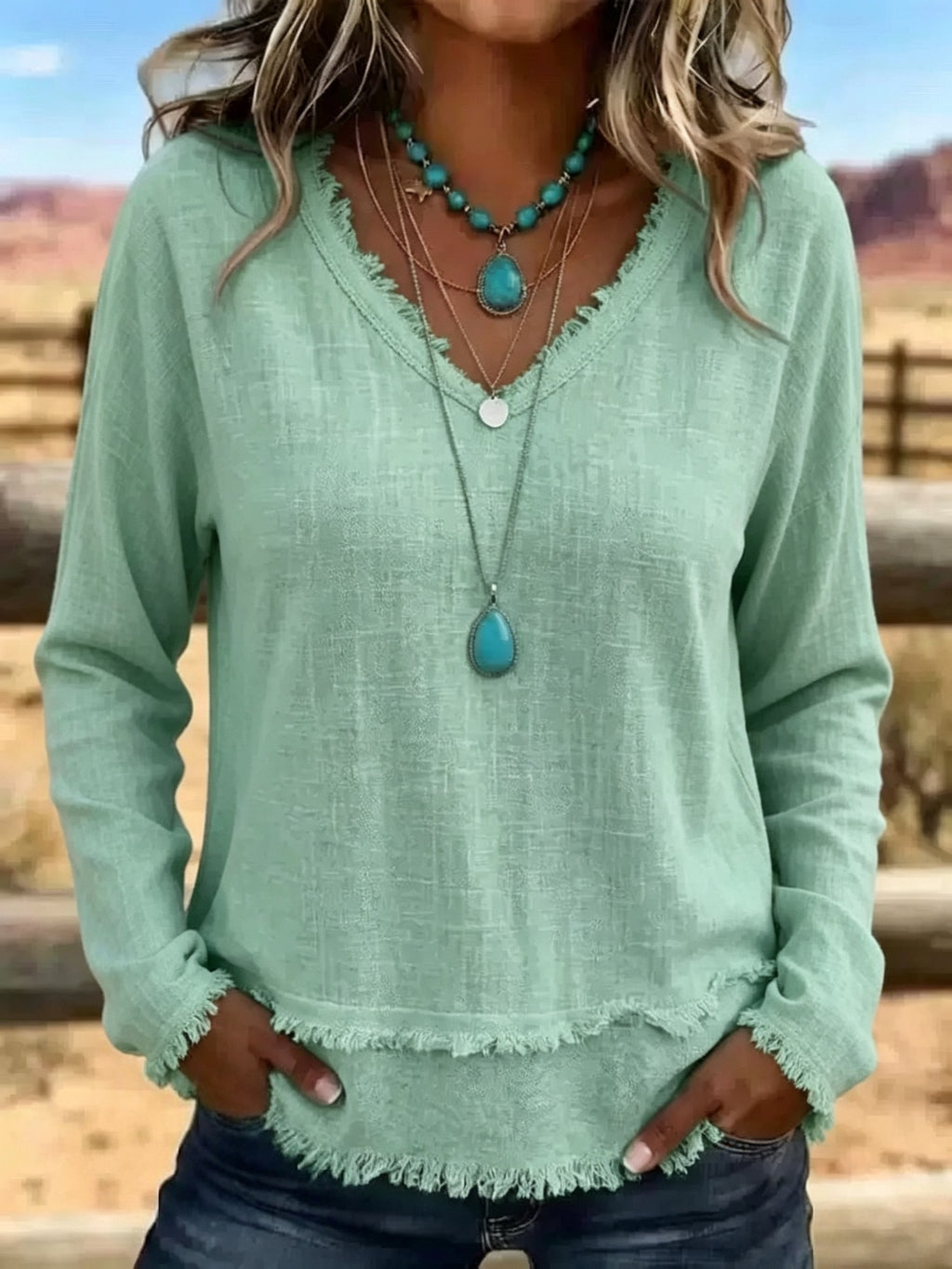 Margot Ainsley | Frayed V-Neck Long Sleeve Top