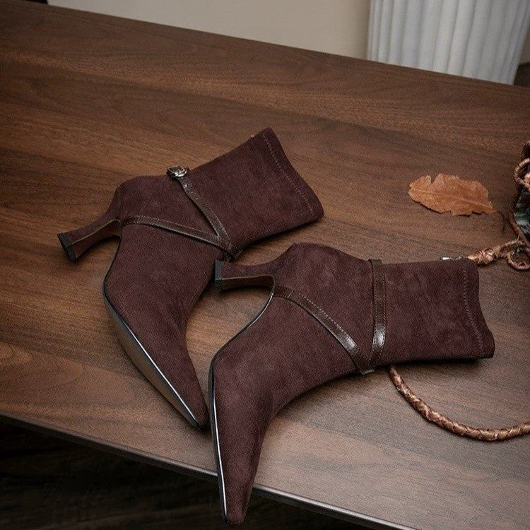Eleanor Pargeter | Suede Stiletto Ankle Boots With Buckle Strap